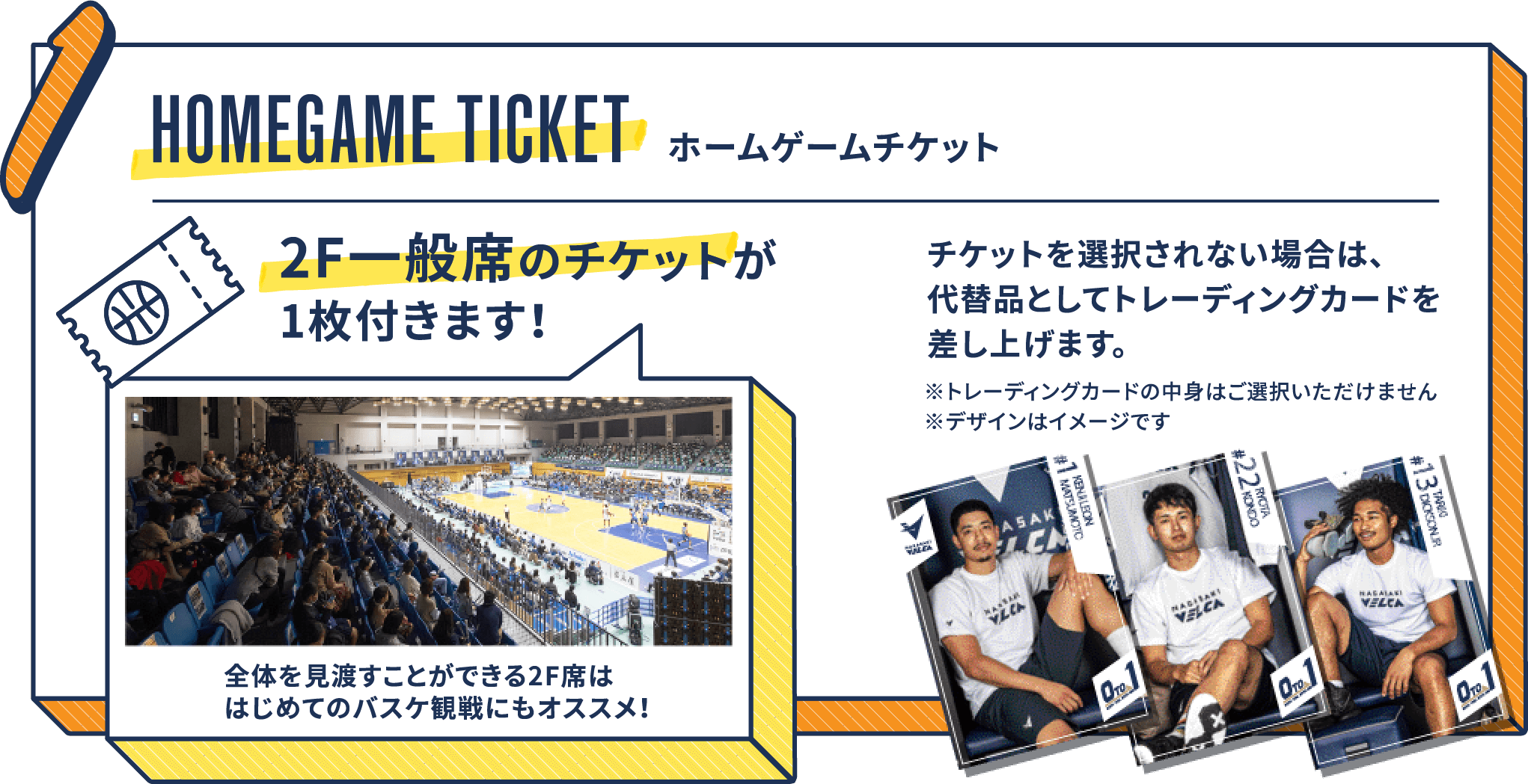 HOMEGAME TICKET 2F一般席のチケットが1枚付きます。※チケットを選択されない場合は、代替品としてトレーディングカードを差し上げます。全体を見渡すことができる2F席は、はじめてのバスケ観戦にもオススメ！